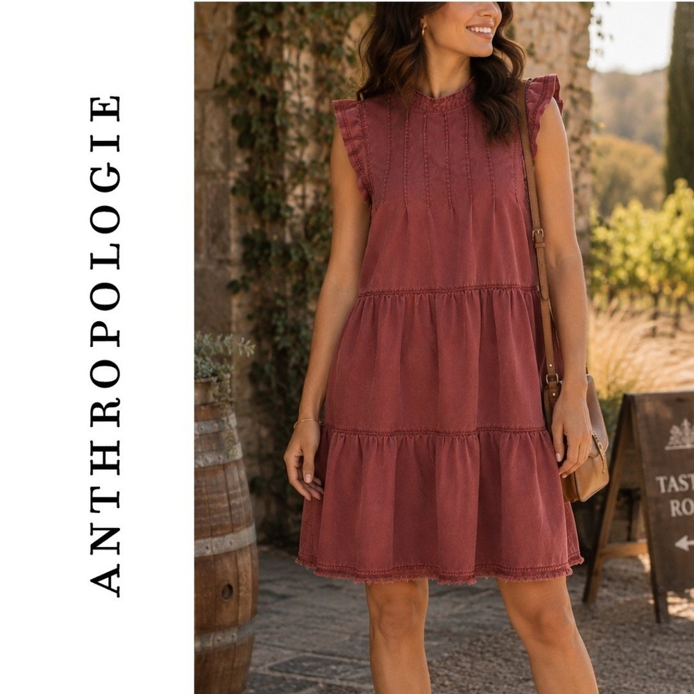 Anthropologie, Sleeveless Tiered Pintuck Mini Dress Terracotta Red OB1195446 XL